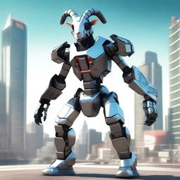 Create an image of Pilgor, the iconic goat from the Goat Simulator game, dressed in a futuristic mecha suit