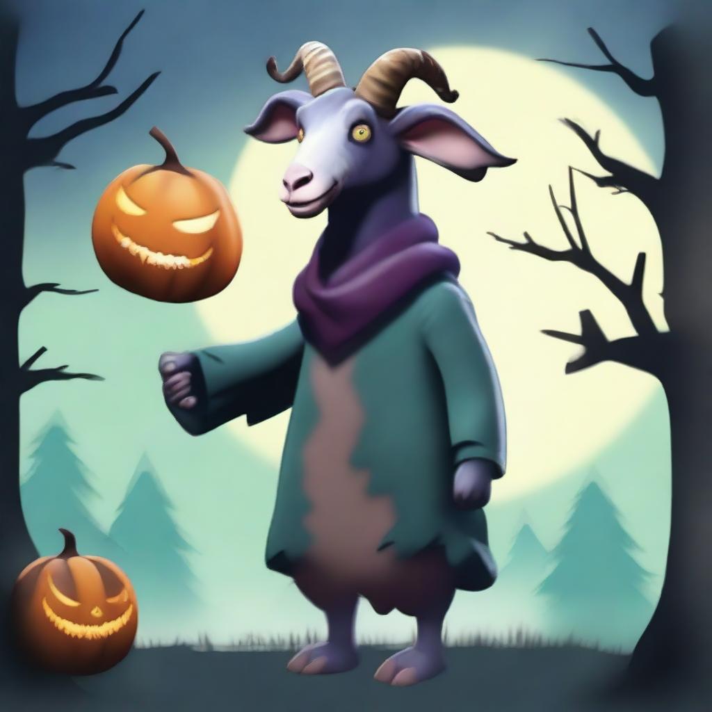 Create an image of Pilgor, the goat from Goat Simulator, dressed as a headless rider for Halloween