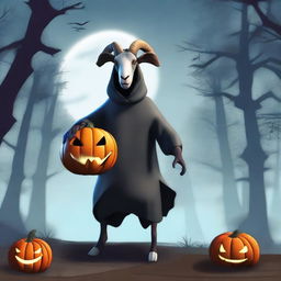 Create an image of Pilgor, the goat from Goat Simulator, dressed as a headless rider for Halloween