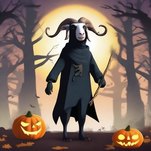 Create an image of Pilgor, the goat from Goat Simulator, dressed as a headless rider for Halloween