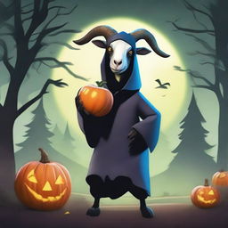 Create an image of Pilgor, the goat from Goat Simulator, dressed as a headless rider for Halloween