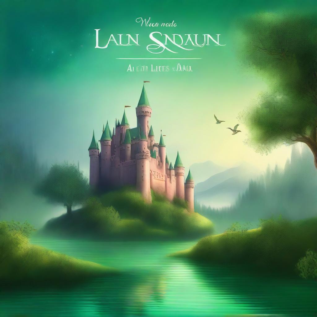 A captivating book cover featuring an enchanting fantasy landscape with a magical castle in the background, lush green forests, and a sparkling river