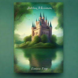 A captivating book cover featuring an enchanting fantasy landscape with a magical castle in the background, lush green forests, and a sparkling river