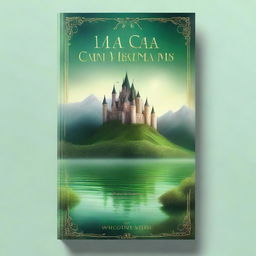 A captivating book cover featuring an enchanting fantasy landscape with a magical castle in the background, lush green forests, and a sparkling river