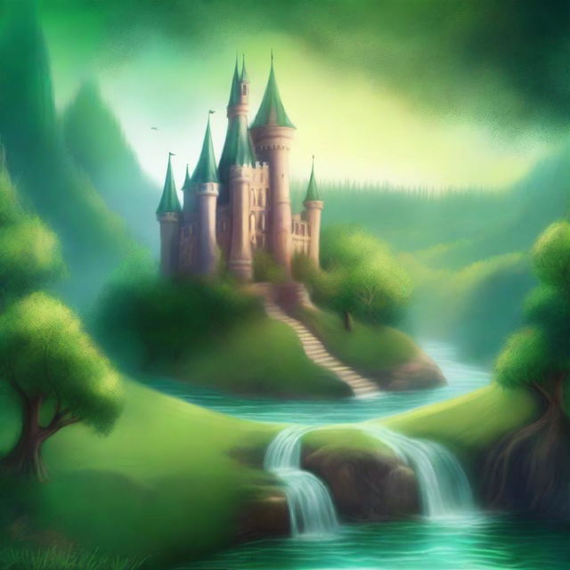 A captivating book cover featuring an enchanting fantasy landscape with a magical castle in the background, lush green forests, and a sparkling river