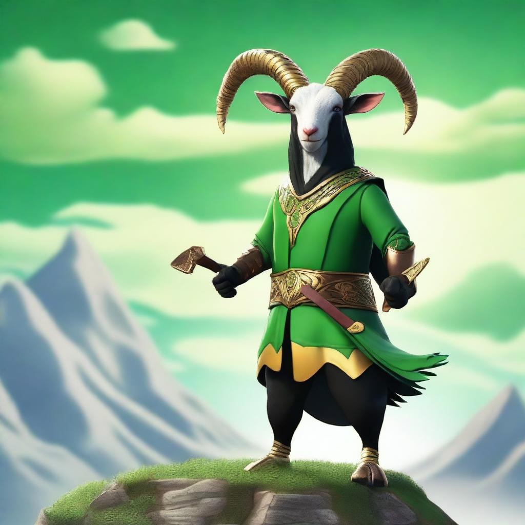 Create an image of Pilgor, the goat from the game Goat Simulator, dressed as Loki from Norse mythology