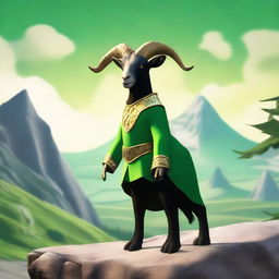 Create an image of Pilgor, the goat from the game Goat Simulator, dressed as Loki from Norse mythology