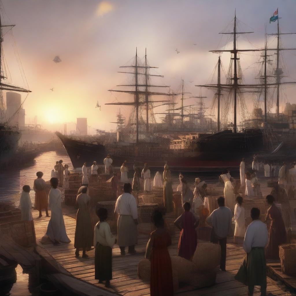 A hyper-realistic, cinematic concept art rendering of a sunset over a bustling cargo port