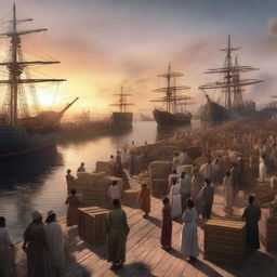 A hyper-realistic, cinematic concept art rendering of a sunset over a bustling cargo port