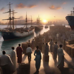 A hyper-realistic, cinematic concept art rendering of a sunset over a bustling cargo port