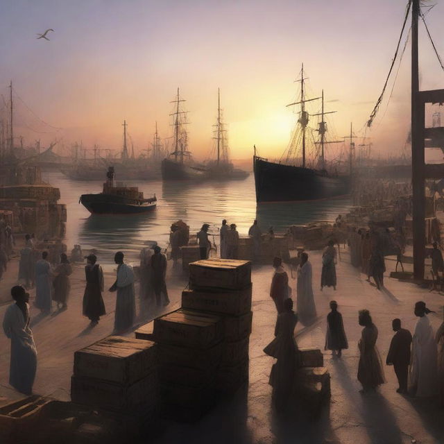 A hyper-realistic, cinematic concept art rendering of a sunset over a bustling cargo port