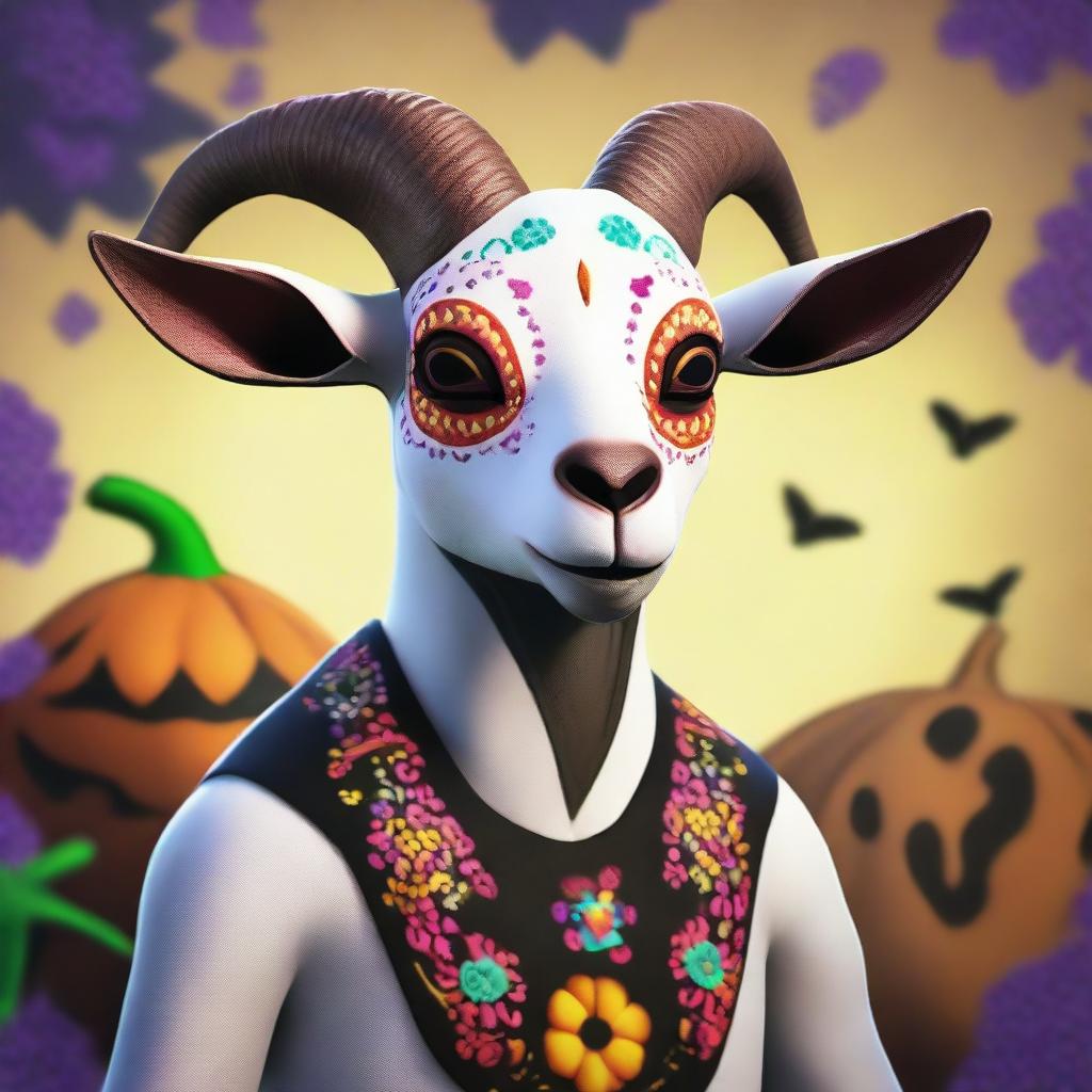 Create an image of Pilgor, the goat from the game Goat Simulator, dressed as a calavera for Halloween