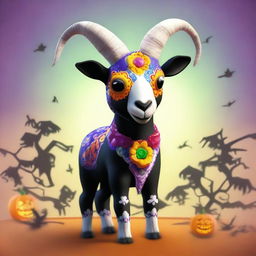 Create an image of Pilgor, the goat from the game Goat Simulator, dressed as a calavera for Halloween