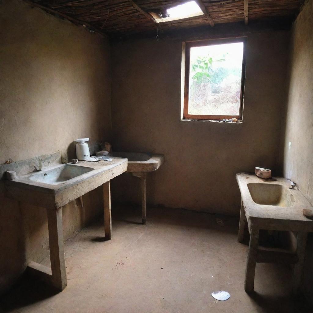 A simplistic bathroom and kitchen inside a poor, rudimentary house, showcasing the bare necessities for living.