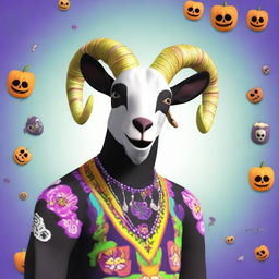 Create an image of Pilgor, the goat from the game Goat Simulator, dressed as a calavera for Halloween