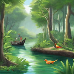 A vibrant and detailed illustration of an adventure in the mangrove forest