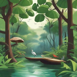 A vibrant and detailed illustration of an adventure in the mangrove forest