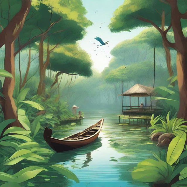 A vibrant and detailed illustration of an adventure in the mangrove forest