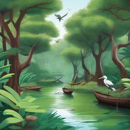 A vibrant and detailed illustration of an adventure in the mangrove forest