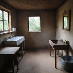 A simplistic bathroom and kitchen inside a poor, rudimentary house, showcasing the bare necessities for living.