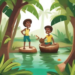 An enchanting children's story illustration of an adventure in the mangrove forest