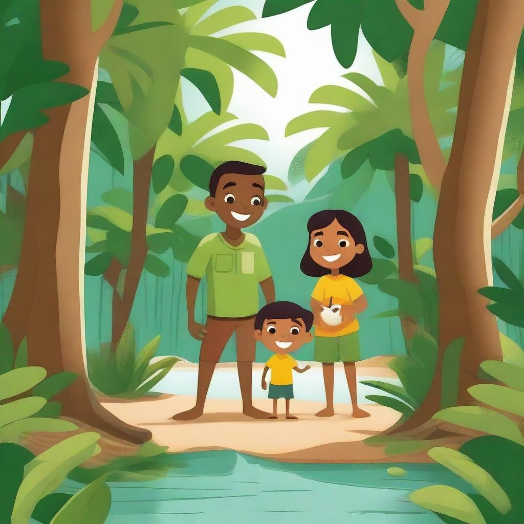 An enchanting children's story illustration of an adventure in the mangrove forest