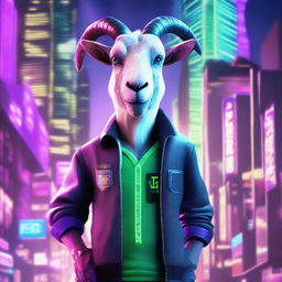 Create an image of Pilgor, the goat from Goat Simulator, dressed as a gamer in a cyberpunk setting