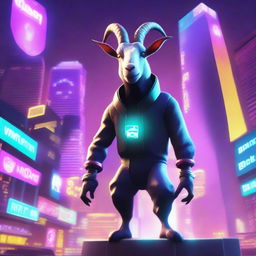 Create an image of Pilgor, the goat from Goat Simulator, dressed as a gamer in a cyberpunk setting