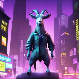 Create an image of Pilgor, the goat from Goat Simulator, dressed as a gamer in a cyberpunk setting