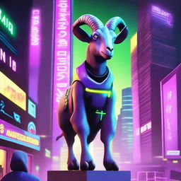 Create an image of Pilgor, the goat from Goat Simulator, dressed as a gamer in a cyberpunk setting