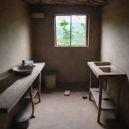 A simplistic bathroom and kitchen inside a poor, rudimentary house, showcasing the bare necessities for living.