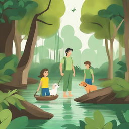 A charming children's story illustration of an adventure in the mangrove forest