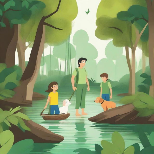 A charming children's story illustration of an adventure in the mangrove forest