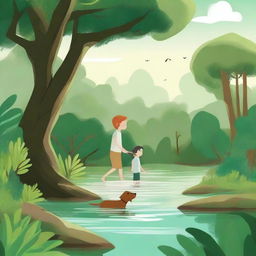 A charming children's story illustration of an adventure in the mangrove forest