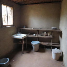 A simplistic bathroom and kitchen inside a poor, rudimentary house, showcasing the bare necessities for living.