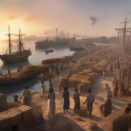 A cinematic concept art rendering of a sunset over a bustling cargo port with laborers