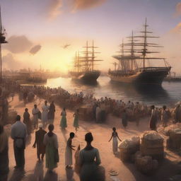 A cinematic concept art rendering of a sunset over a bustling cargo port with laborers