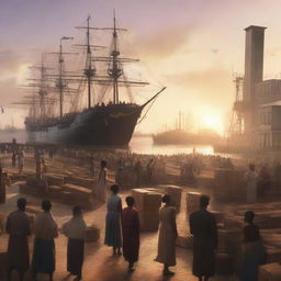 A cinematic concept art rendering of a sunset over a bustling cargo port with laborers