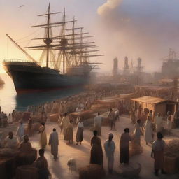 A cinematic concept art rendering of a sunset over a bustling cargo port with laborers