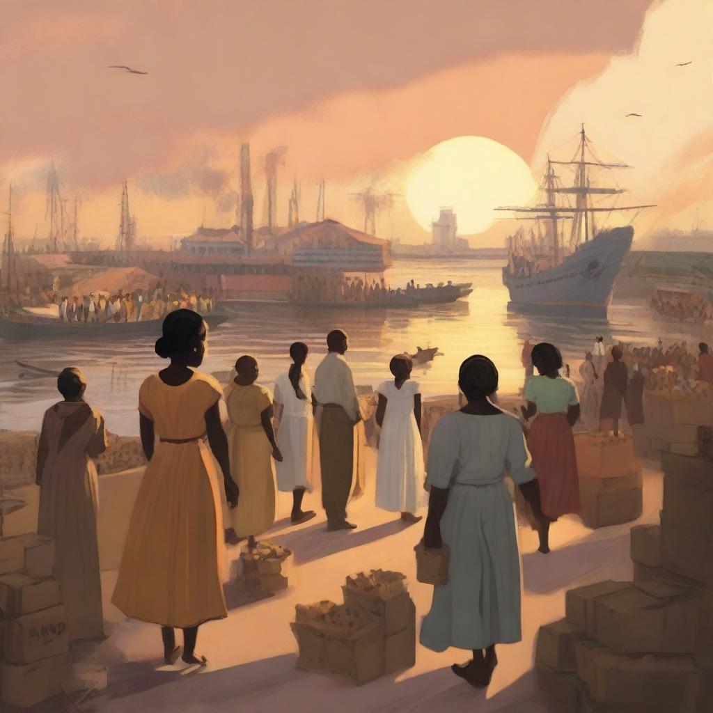 A conceptual art rendering of a sunset over a bustling cargo port with laborers