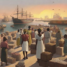 A conceptual art rendering of a sunset over a bustling cargo port with laborers