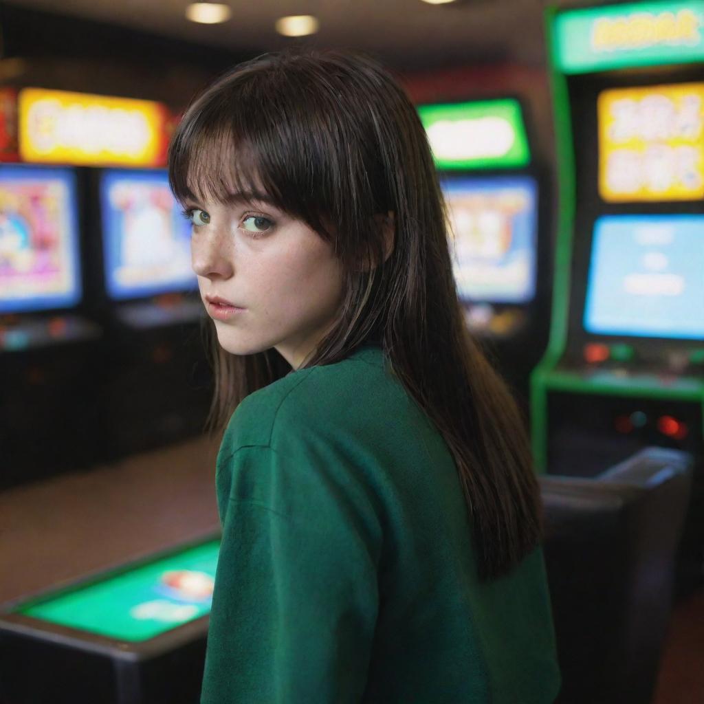 casual photograpy by kodak from the back, female , 23 year old with green eyes and black long hai with withe streaks in the bangs, ocational clothes.,freckles, playing arcade video games, medium distance shot, high detailed, 4k hd,  --styerw--v 5.2 ar 2-3