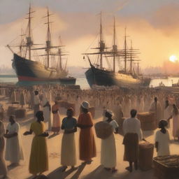 A conceptual art rendering of a sunset over a bustling cargo port with laborers