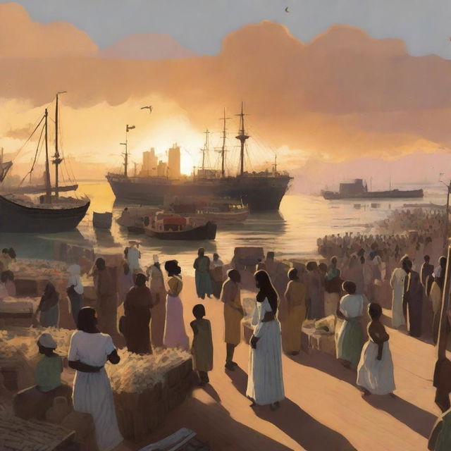 A conceptual art rendering of a sunset over a bustling cargo port with laborers