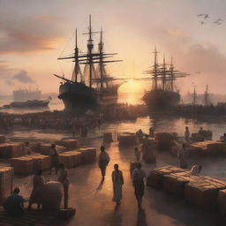 A cinematic, octane-rendered conceptual art of a sunset over a bustling cargo port with laborers