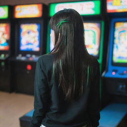 casual photograpy by kodak from the back, female , 23 year old with green eyes and black long hai with withe streaks in the bangs, ocational clothes.,freckles, playing arcade video games, medium distance shot, high detailed, 4k hd,  --styerw--v 5.2 ar 2-3