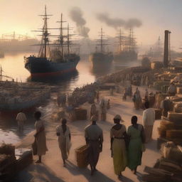 A cinematic, octane-rendered conceptual art of a sunset over a bustling cargo port with laborers