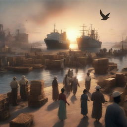 A cinematic, octane-rendered conceptual art of a sunset over a bustling cargo port with laborers