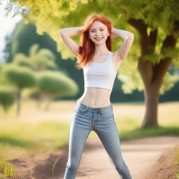 A skinny, red-haired girl who is very flexible