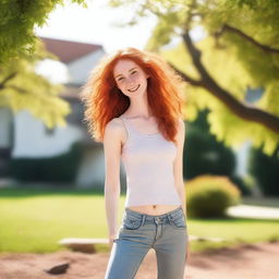 A skinny, red-haired girl who is very flexible